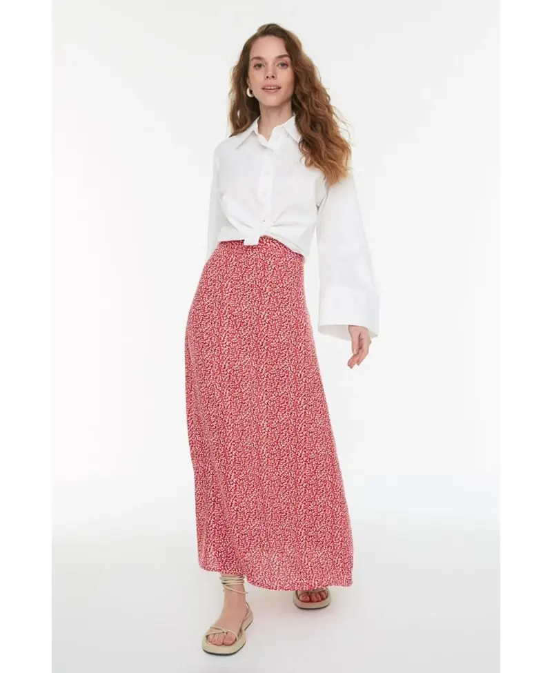 Kırmızı Çiçek Baskılı Viskon Tesettür Kloş Etek