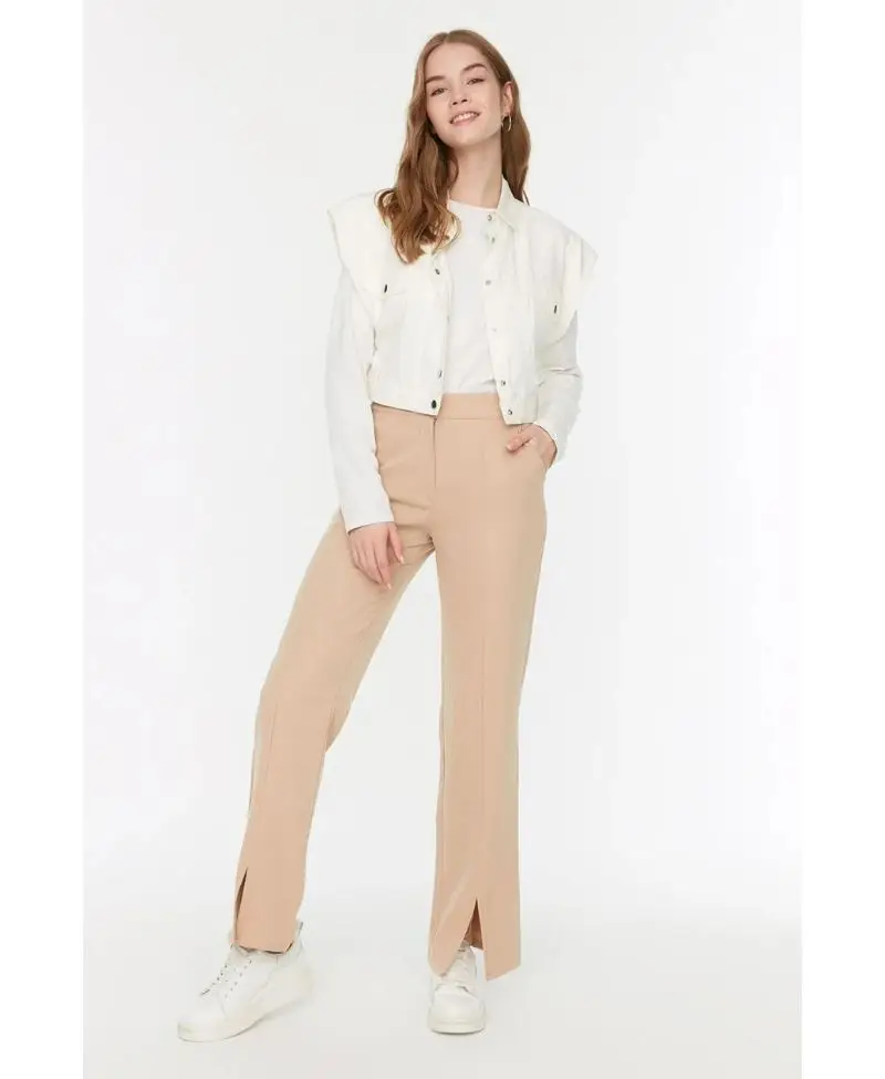 Yüksek Bel Yırtmaç Detaylı Cepli Dokuma Pantolon