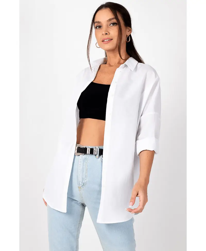 Kadın Beyaz Oversize Uzun Gömlek