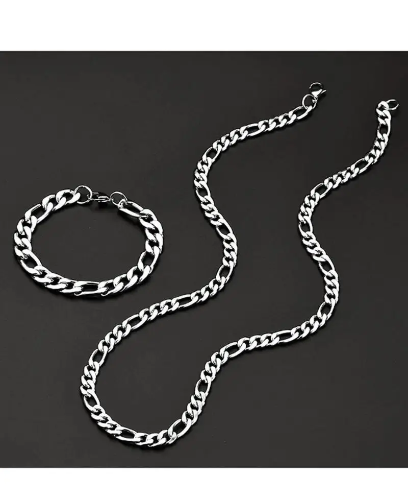  Çelik Erkek Bileklik Ve Kolye Zincir Set Gümüş Kaplama