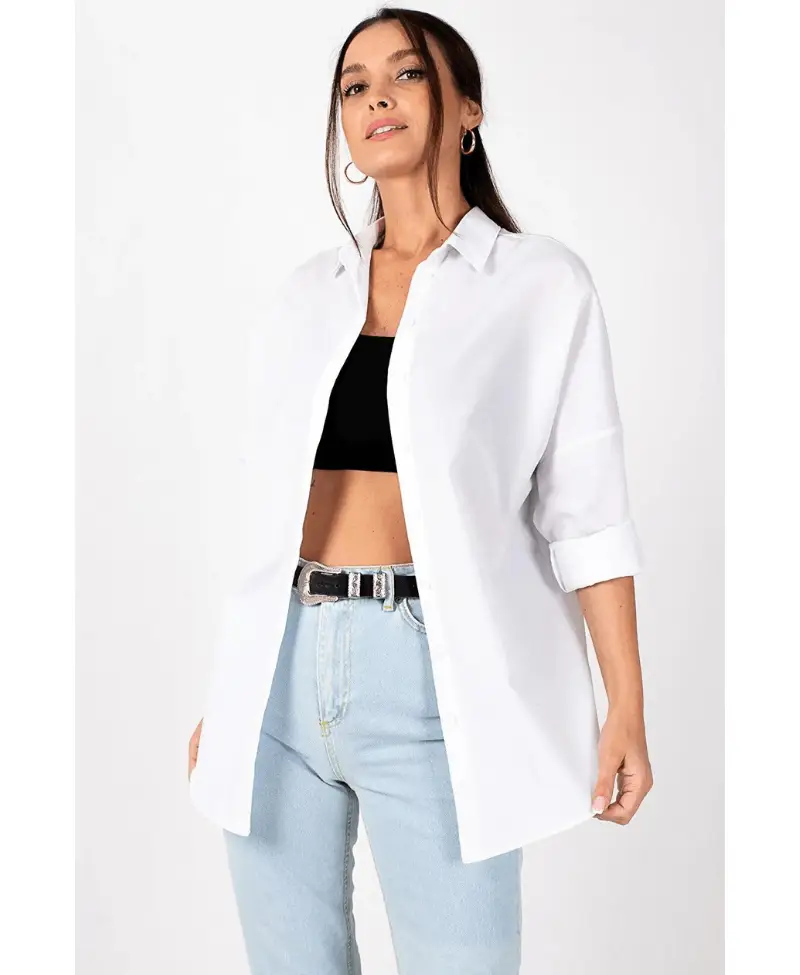 Kadın Beyaz Oversize Uzun Gömlek