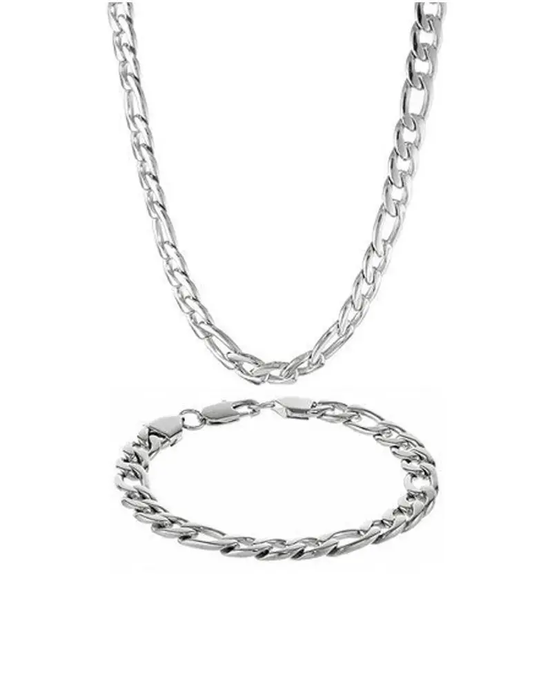  Çelik Erkek Bileklik Ve Kolye Zincir Set Gümüş Kaplama