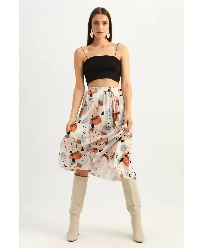 Desenli Piliseli Midi Etek Ekru 